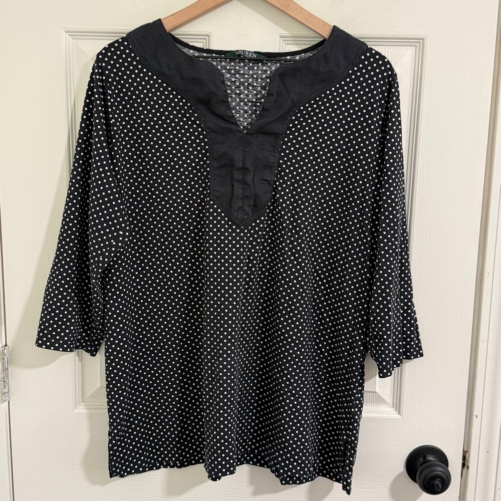 Lauren Ralph Lauren Polka Dot Tunic Top Womens XL Black White Old Money Classic